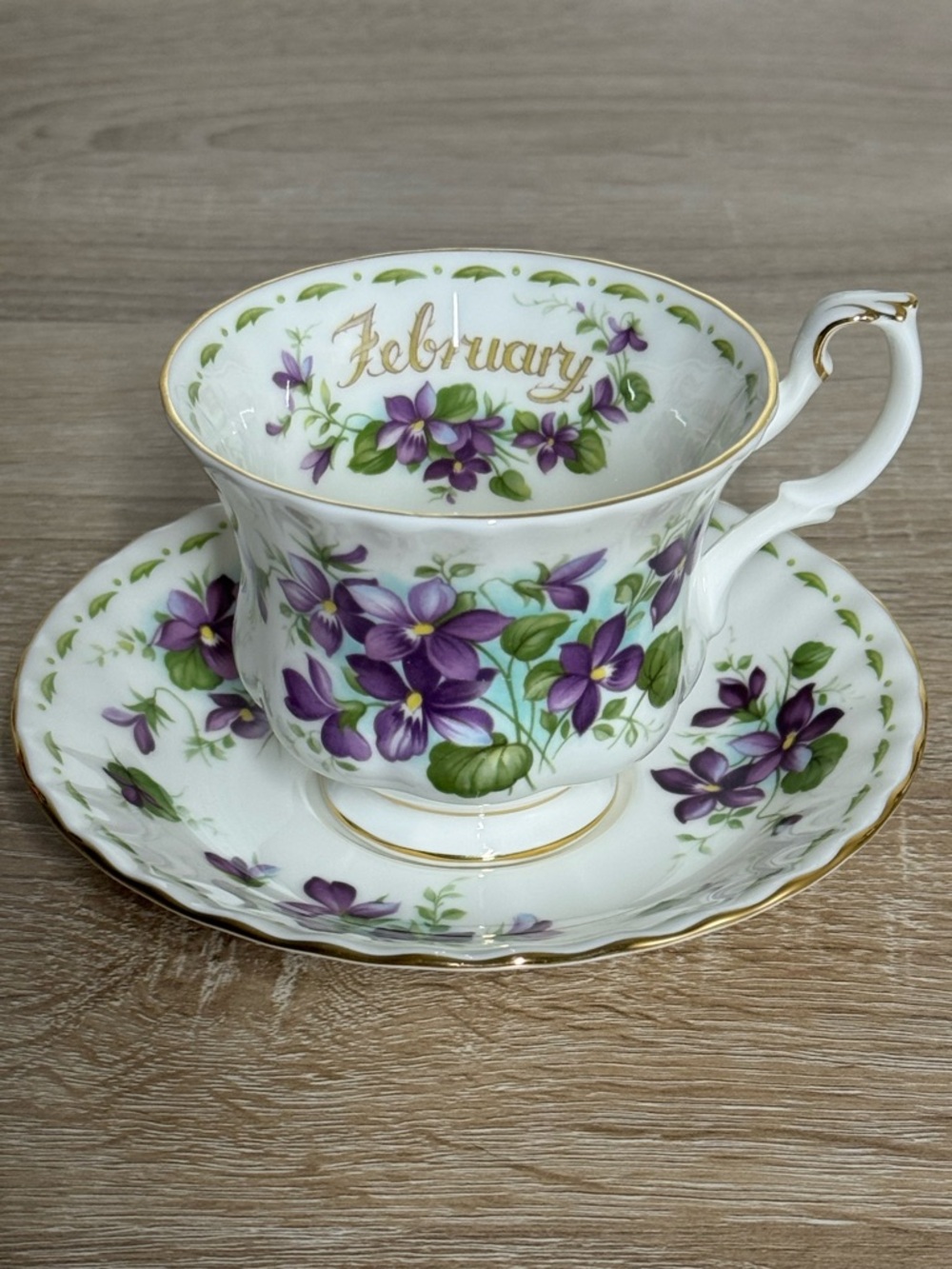 Royal Albert “Flower of the Month" teacup and saucer set February (Violets).